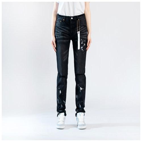 PUR jeans牛仔裤男修身显瘦欧美式高街破洞泼墨潮牌修身紧身小脚