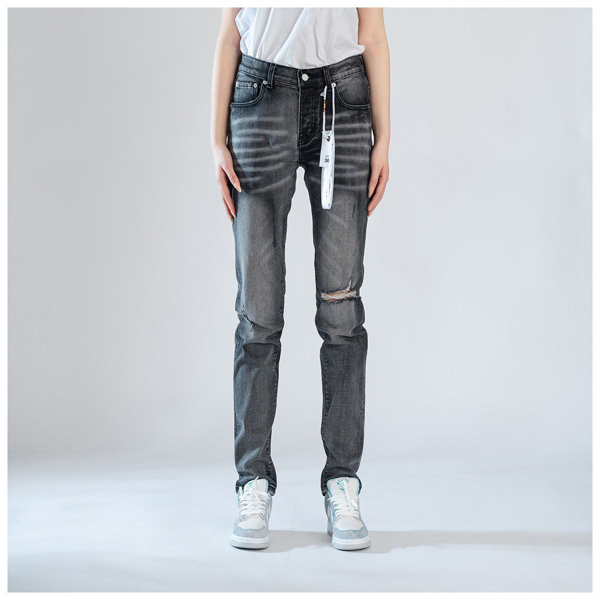 PUR jeans牛仔裤男修身显瘦欧美式高街破洞乞丐潮牌修身小脚裤