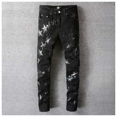 AMR Skinny Ripped Jeans 牛仔裤男美式高街星星破洞补丁小脚裤