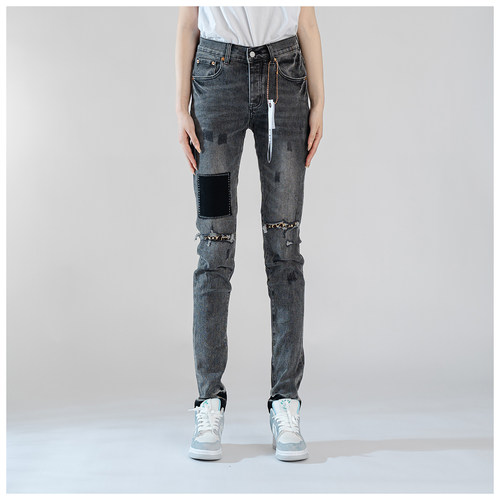 PUR jeans牛仔裤男修身显瘦欧美式高街乞丐破洞补丁做旧小脚裤