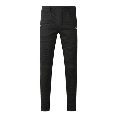 jeans牛仔裤男修身黑色美式高街补丁破洞乞丐堆积感小脚牛仔裤