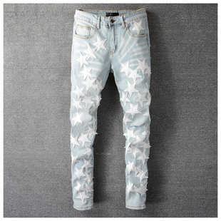 Jeans Ripped 牛仔裤 男美式 AMR 高街星星破洞补丁小脚裤 Skinny