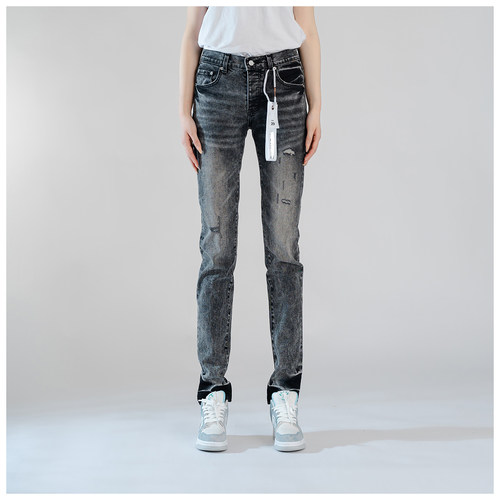PUR jeans牛仔裤男修身显瘦欧美式高街乞丐破洞补丁做旧小脚裤