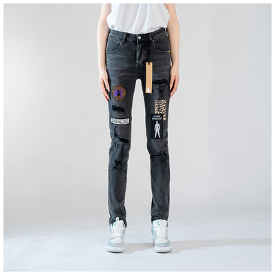 KUS jeans牛仔裤男修身显瘦欧美式高街破洞补丁做旧修身小脚裤