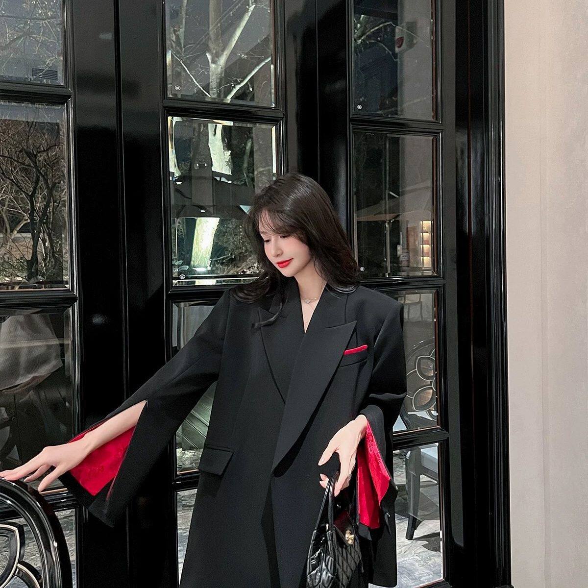 黑色设计感小众西装外套女2024初秋新款新中式盘扣撞色小个子西服