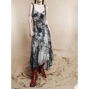 复古名伶纸醉金迷插画不规则飘逸大摆吊带连衣裙