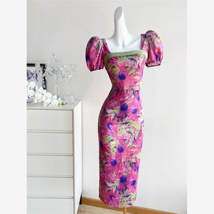 红色复古短袖连衣裙女夏季长裙高级感气质名媛御姐风显瘦包臀裙子