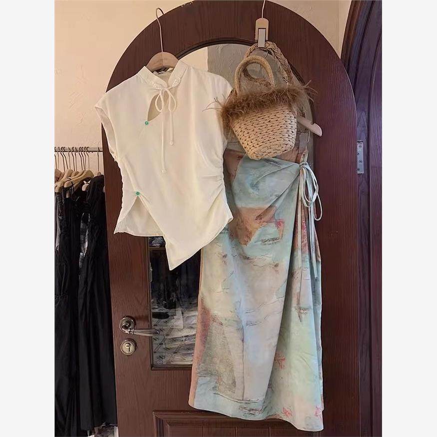 新中式国风轻奢高级感温柔茶系气质白色上衣半身裙两件套装女夏季