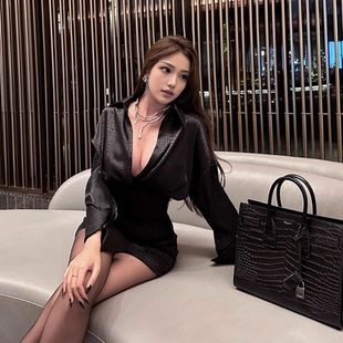 黑色高级感衬衫短裙连衣裙2025春季新款气质别致长袖显瘦裙子女