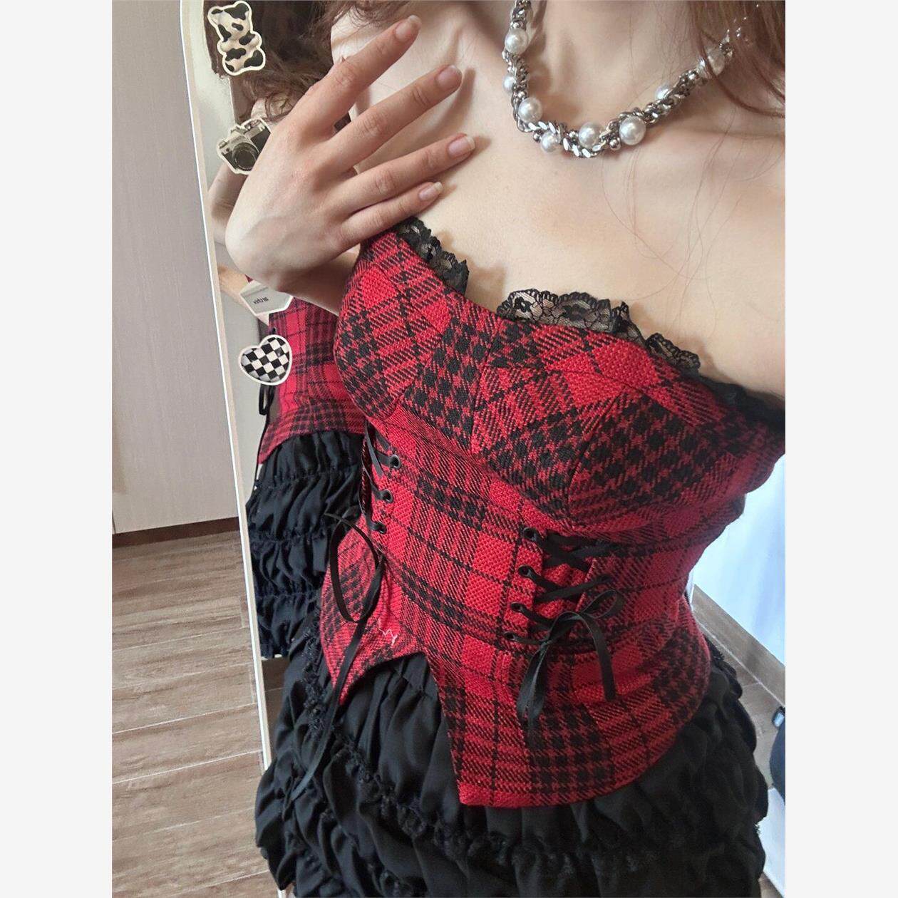 美式chic风甜辣妹时尚复古红格抹胸上衣夏季绑带束腰显瘦蕾丝裹胸