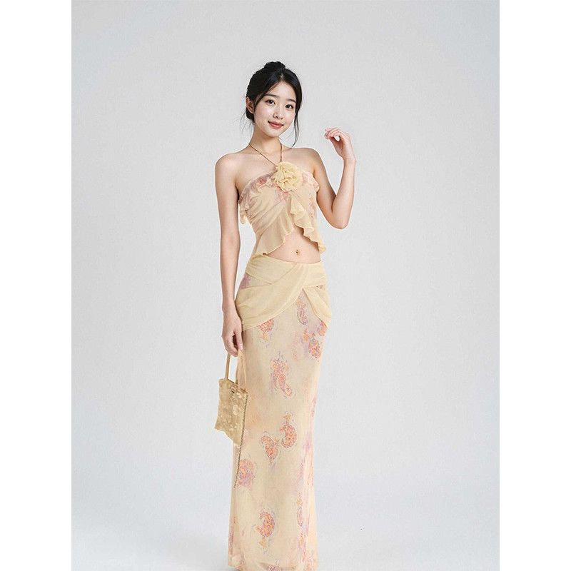 气质辣妹花印花挂脖抹胸