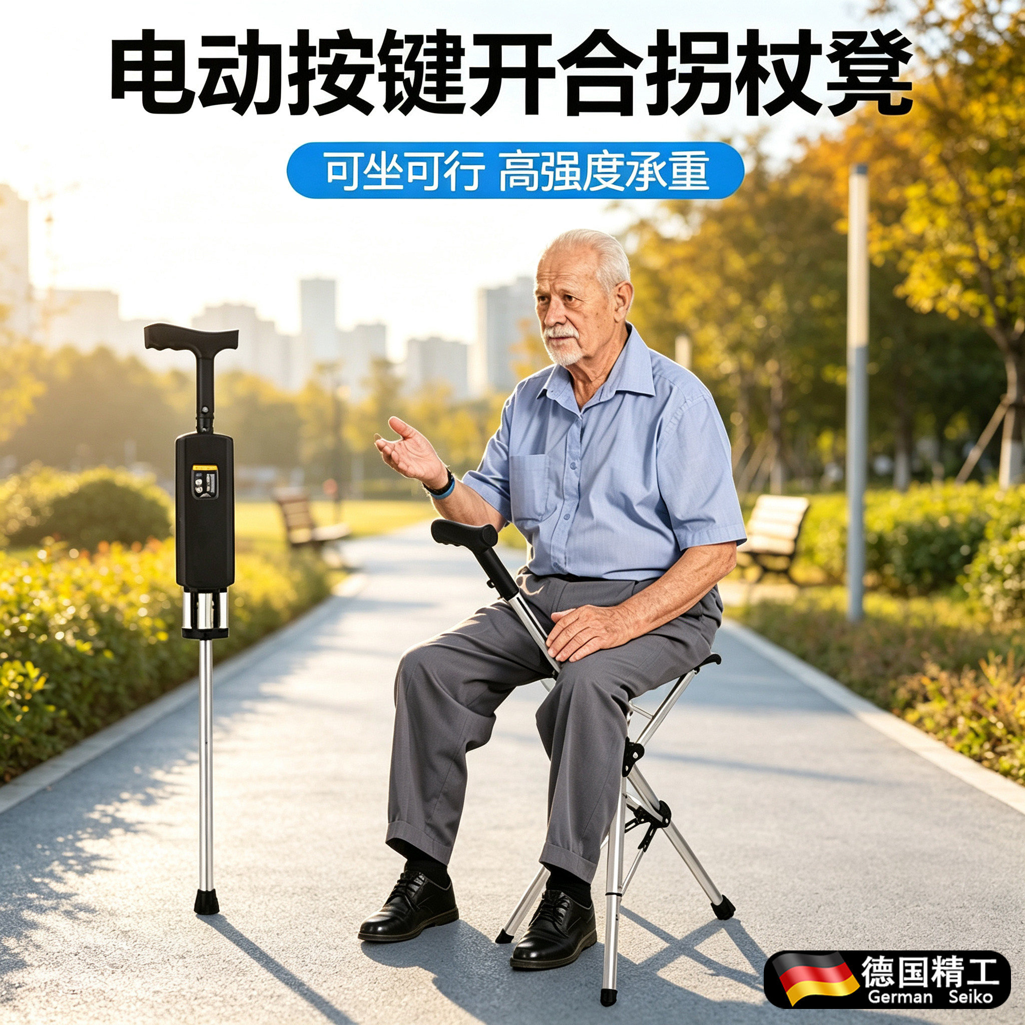 老人电动一键折叠防滑拐杖椅
