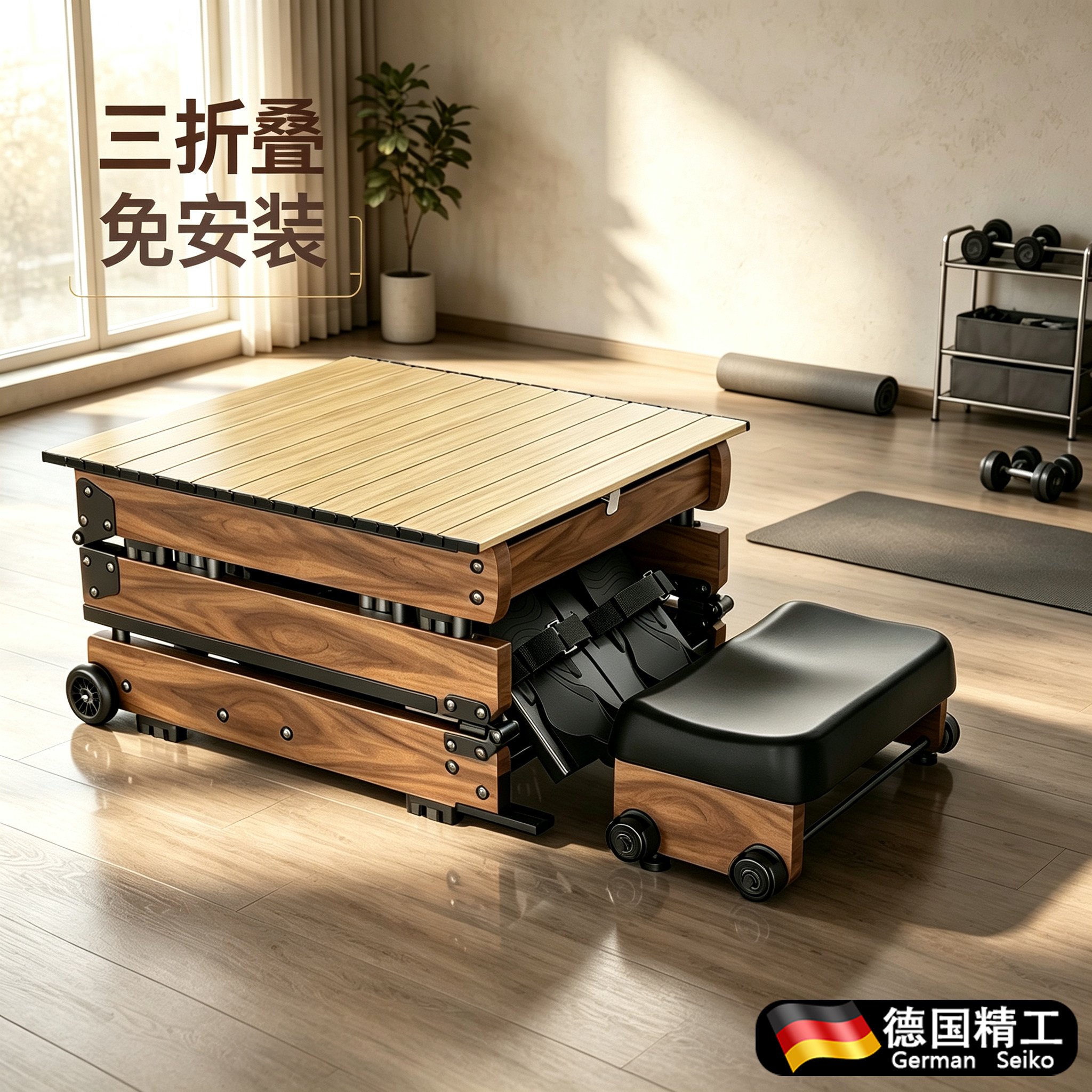 德国静音运动水阻三折叠划船机可折叠免安装移动家用小型健身器材