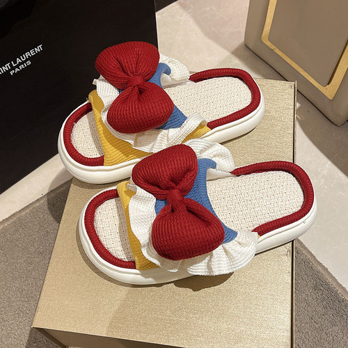 亚麻拖鞋女四季居家静音蝴蝶结棉麻拖鞋可爱防滑耐磨秋冬一字拖