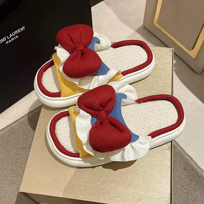 亚麻拖鞋女四季居家静音蝴蝶结棉麻拖鞋可爱防滑耐磨秋冬一字拖