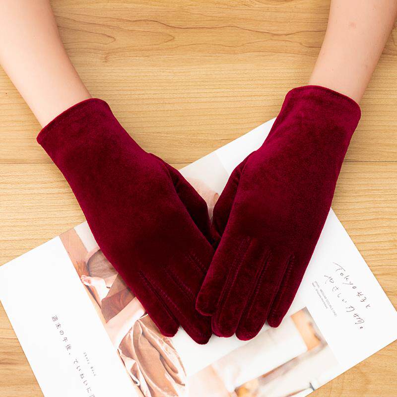 金丝绒手套女薄冬保暖户外运动健身骑车手套表演春秋弹力绒布手套