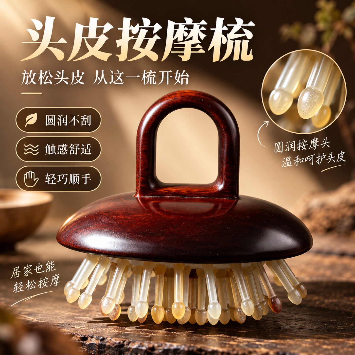 天然牛角齿指环气囊头皮按摩梳