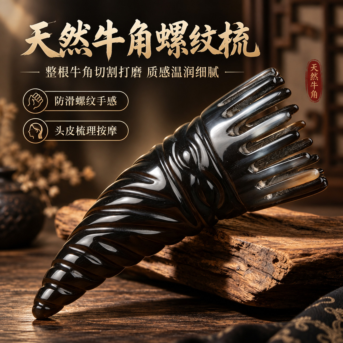 天然牛角圆筒发梳头皮按摩防滑