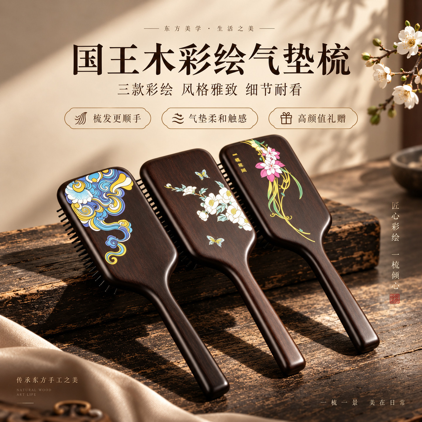 中式花草气垫按摩梳蓬松高颅顶