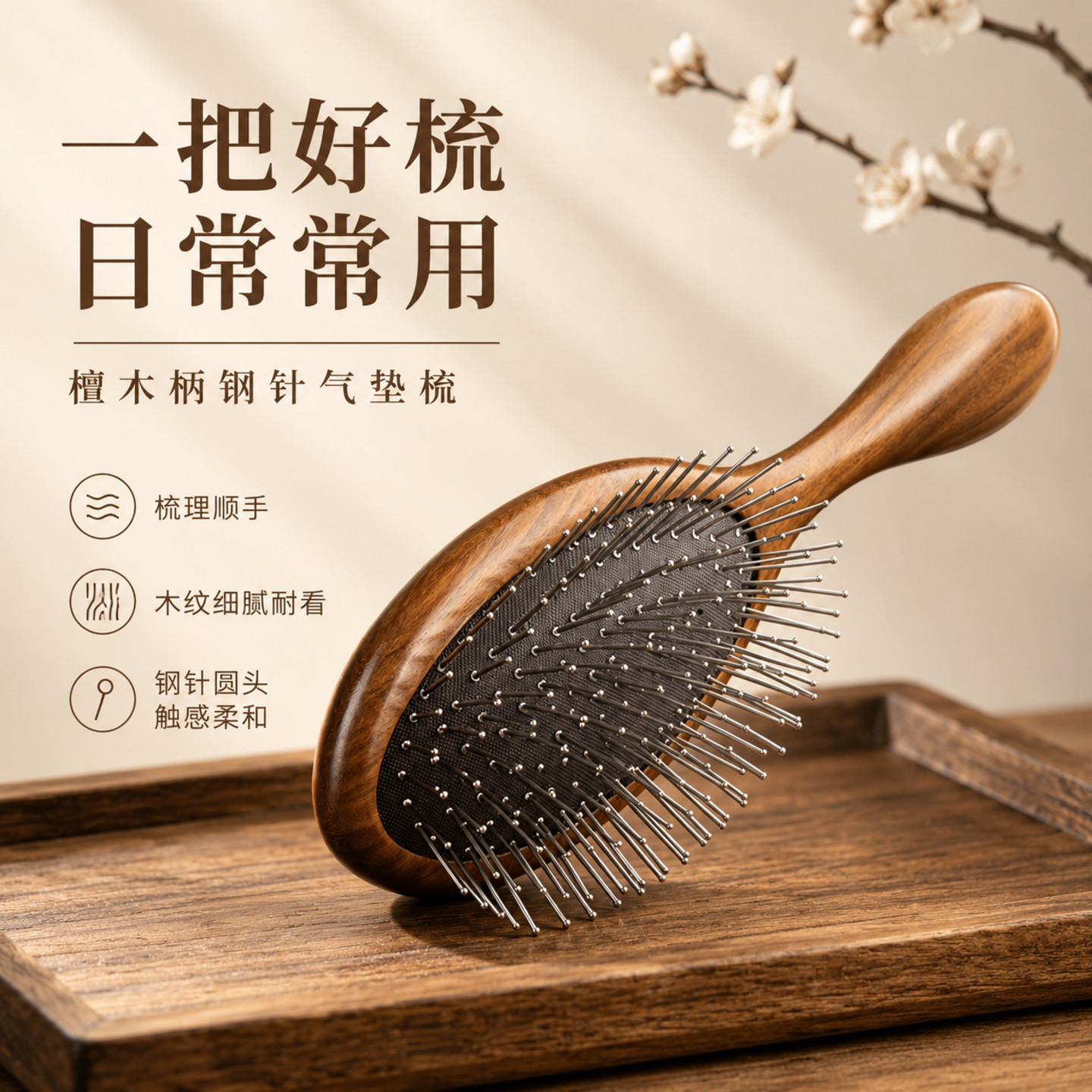 檀木钢针气垫梳头皮按摩高颅顶