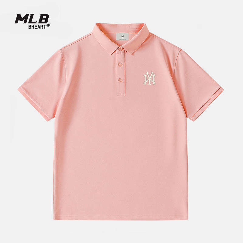 MLB BHEART 공식 핑크 폴로 셔츠 여성용 2024 여름 남성과 여성 커플 캐주얼 옷깃 반팔 티셔츠