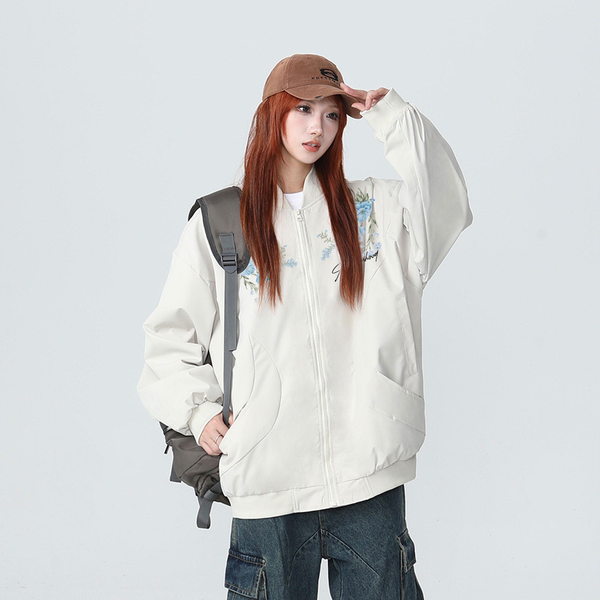 正版罗宾汉美式复古植物花卉休闲宽松落肩袖飞行员工装拉链夹克