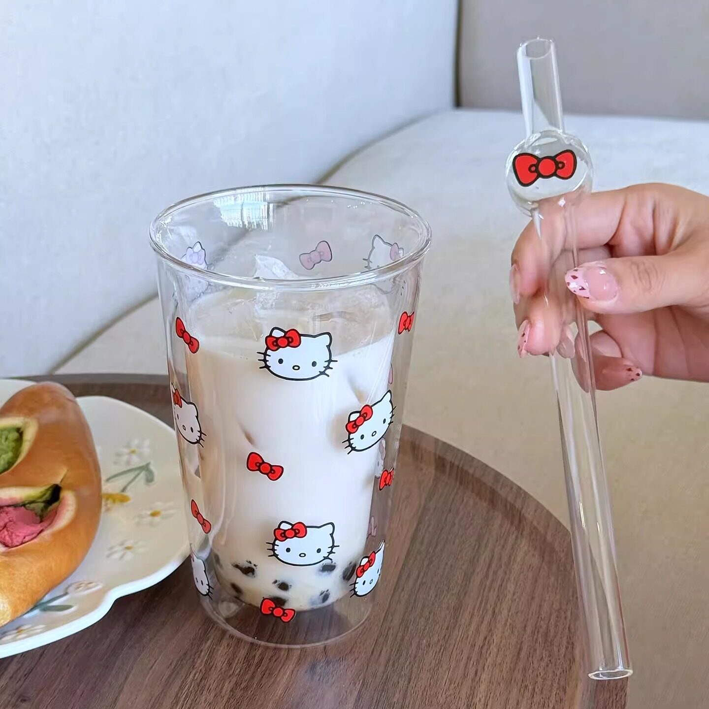 【Kitty控系列】双层杯子玻璃杯女生家用办公室宿舍大容量奶茶杯