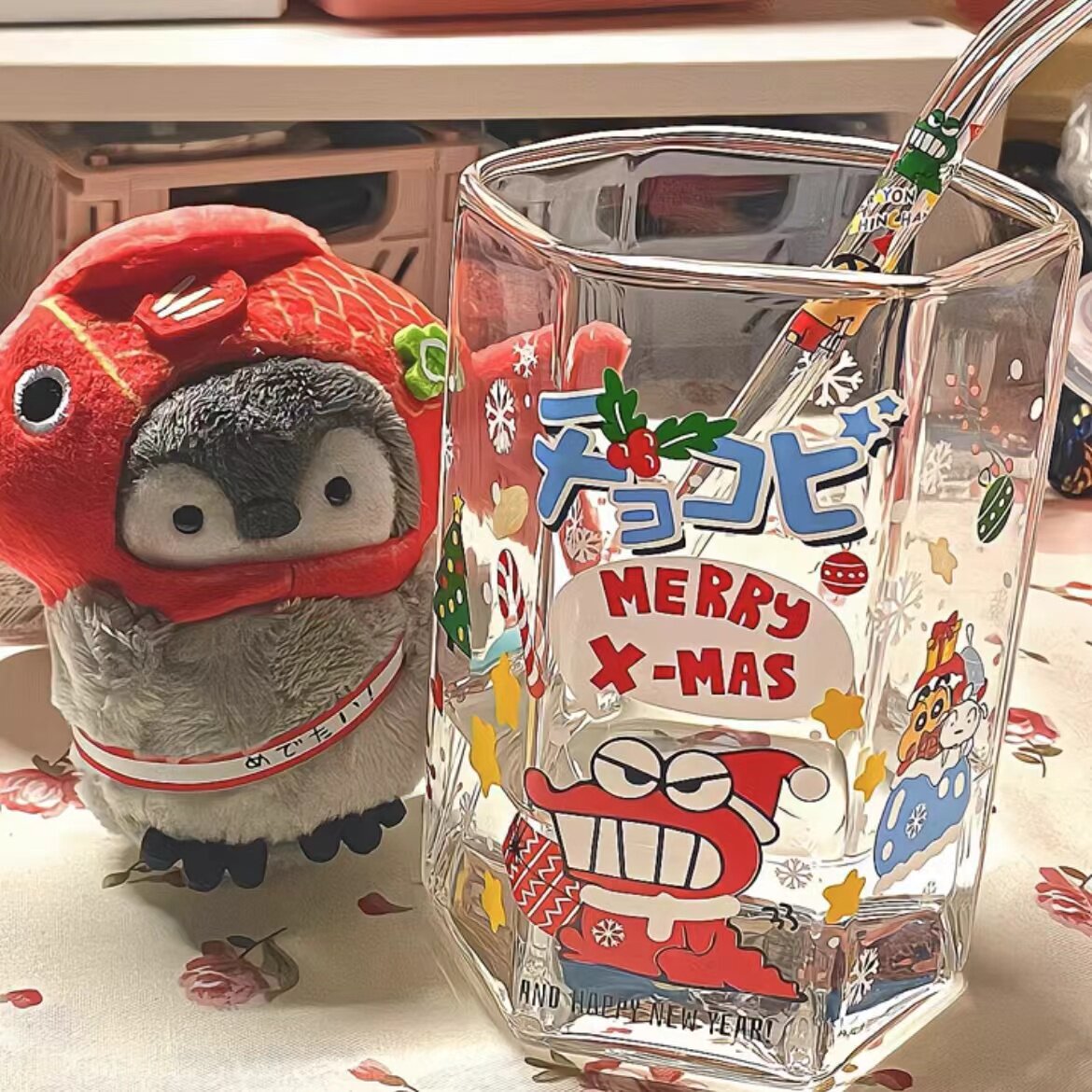 蜡笔小新玻璃杯鳄鱼六角杯卡通动漫高硼硅加厚冷饮杯牛奶杯咖啡杯