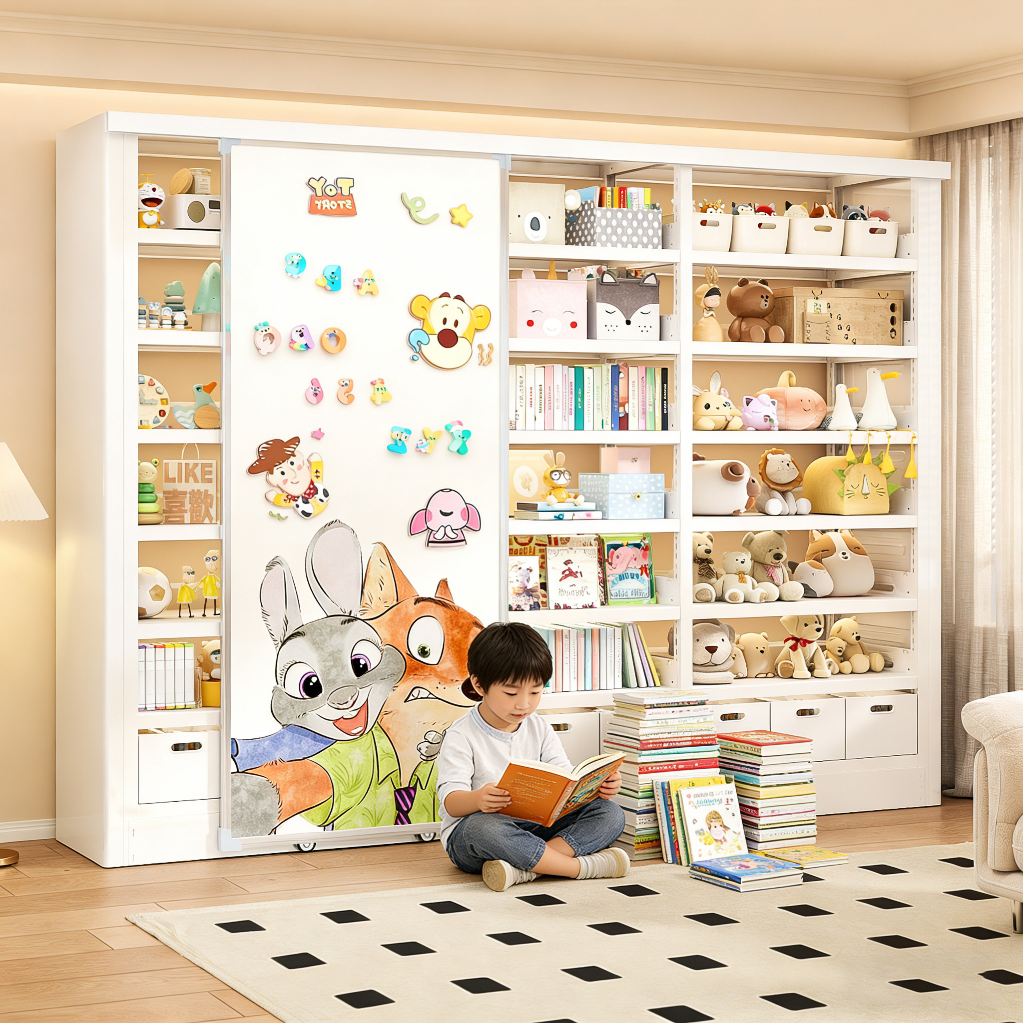 家用图书馆钢制书架带磁吸白板门客厅一体靠墙儿童书柜落地置物架