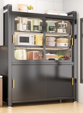 厨房置物架多层推拉门家用微波炉锅碗收纳柜多功能落地储物橱柜