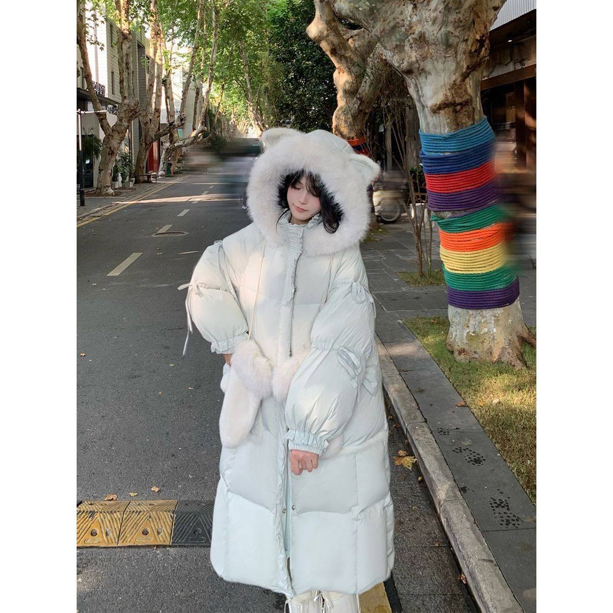 【暖腹猫咪】可爱狐狸耳连帽外套女秋冬季新款甜美设计感长款棉服