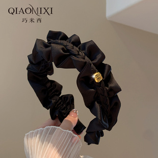 韩国东大门复古黑色褶皱木耳边高颅顶发箍高级感赫本风麻花辫头箍
