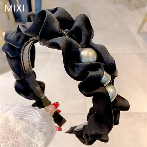 黑色褶皱珍珠发箍带齿防滑外出