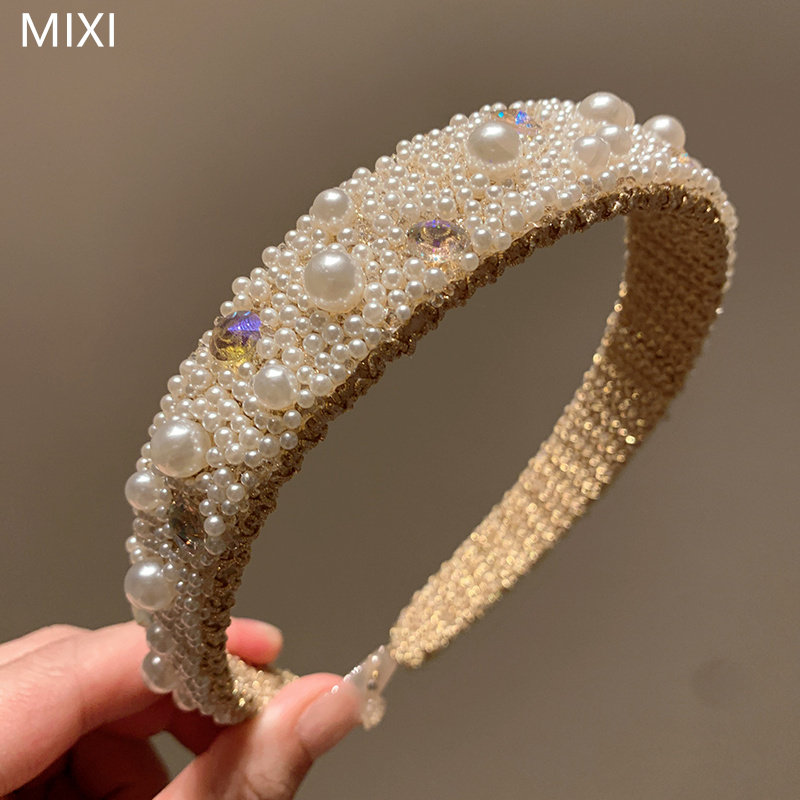 轻奢法式珍珠发箍高级感重工头箍宽边水晶压发高颅顶金线缠绕头饰