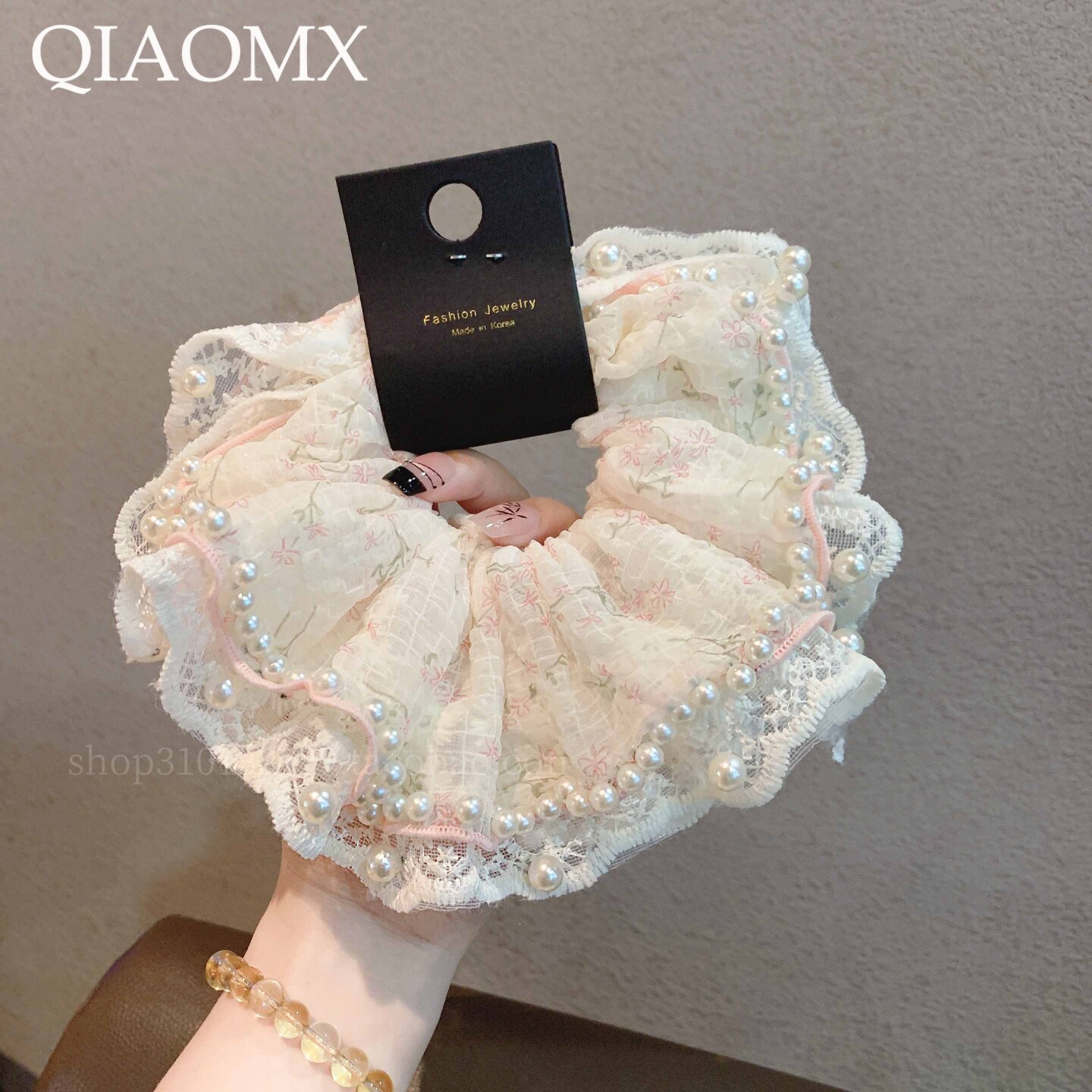 田园风小碎花发圈重工钉珠蕾丝花边大肠发圈温柔通勤盘发头花发饰