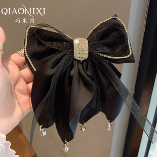 黑色缎面蝴蝶结弹簧夹2025年夏季新款后脑勺发夹顶夹氛围发卡发饰