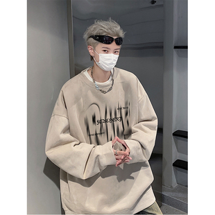 潮牌圆领宽松无帽套头长袖 美式 麂皮绒重磅卫衣男春秋季 300斤大码