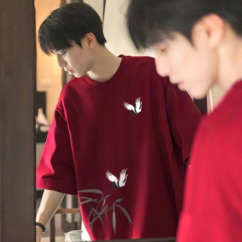 300斤大码男装新中式国风酒红色T恤男短袖夏季重磅纯棉情侣半截袖,男装,T恤,淘宝优惠券,粉丝福利购,淘宝优惠卷