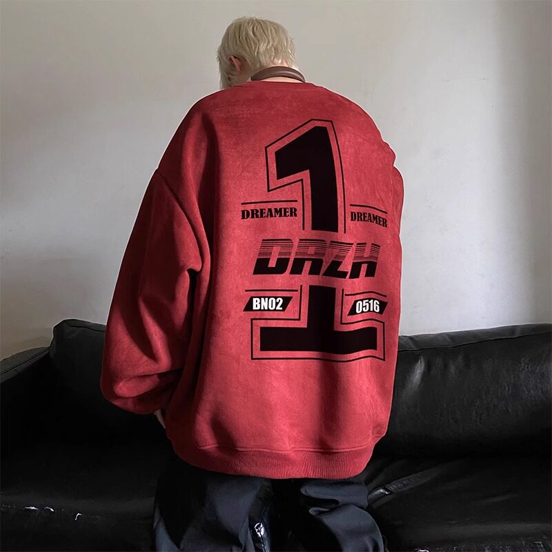 特大码300斤酒红色重磅仿麂皮绒卫衣男款欧美潮牌机车服宽松外套