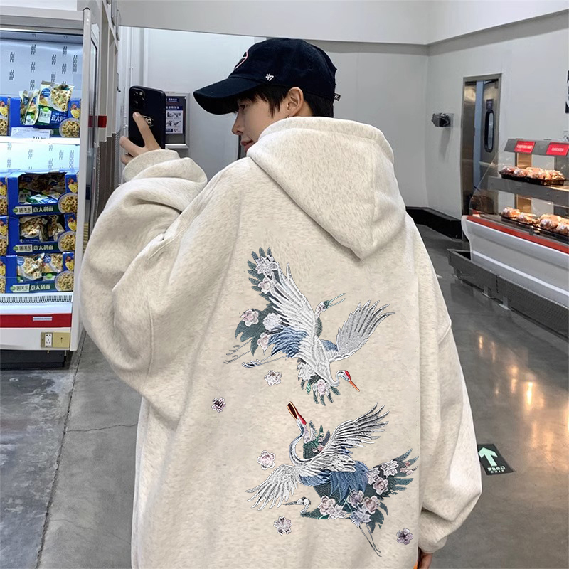 大尺码300斤国风丹顶鹤汉元素连帽运动衫男女春秋潮牌宽松百搭外