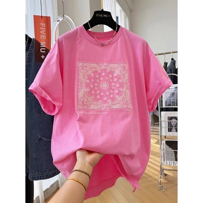 大码300斤复古刺绣多巴胺短袖t恤