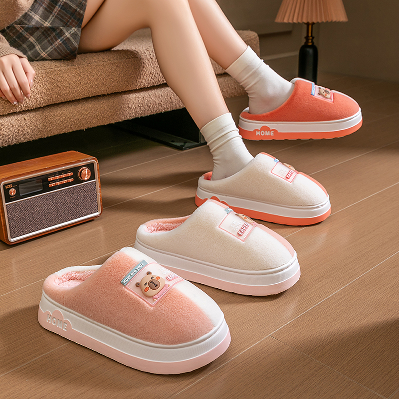 秋冬季室内家居家棉拖鞋女2025新款厚底卡通保暖防滑毛毛拖鞋男士