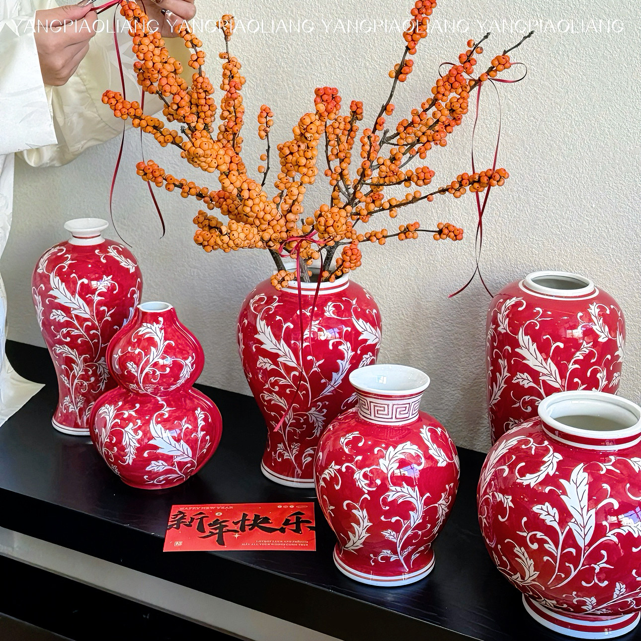青花瓷花瓶陶瓷红色陶罐客厅元宵新年高级感水培插花乔迁装饰花器,家居饰品,花瓶,淘宝优惠券,粉丝福利购,淘宝优惠卷