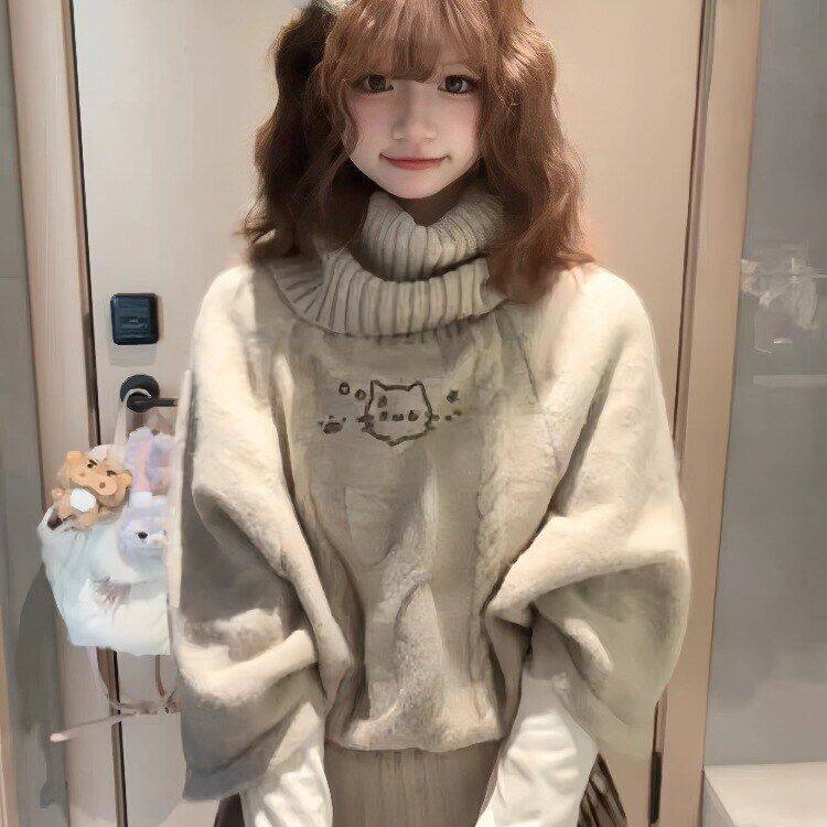 萌系麻花针织套头斗篷毛衣女秋冬宽松加厚高领设计感减龄中袖上衣