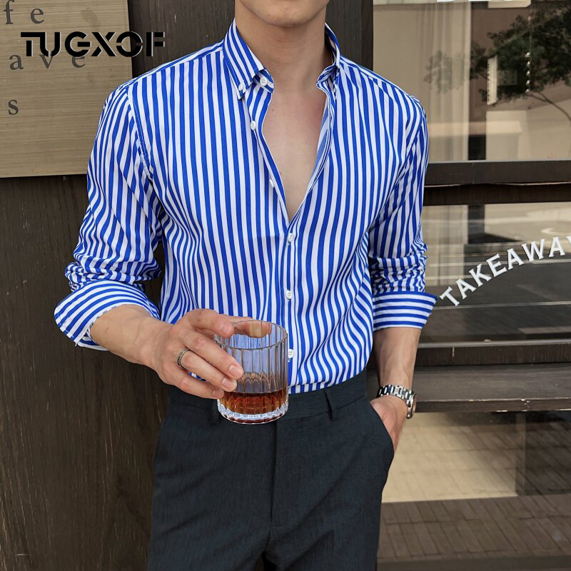 英伦风条纹衬衫男长袖翻领商务休闲男士春秋新款修身衬衣上衣潮流