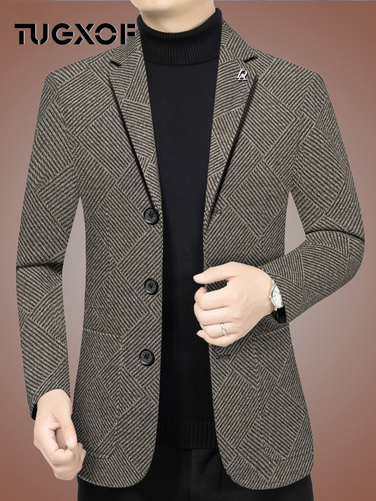 西装外套男2025秋冬新款商务休闲格子西服时尚单西中年男士男装潮