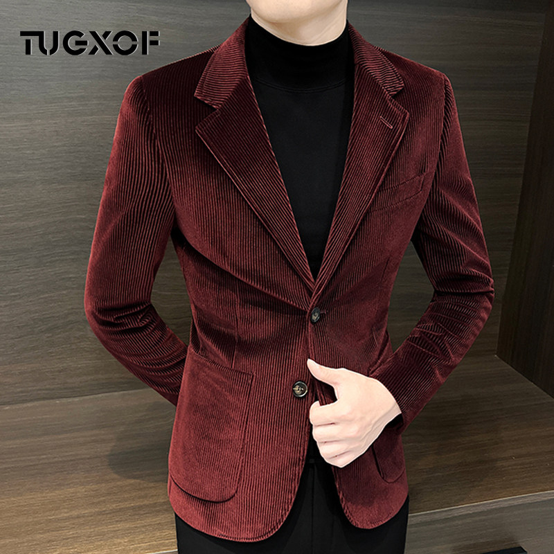 灯芯绒西装男士外套2025新款男装红色休闲酒红色小西服主持人服装