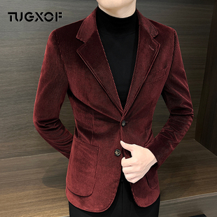 灯芯绒西装男士外套2025新款男装红色休闲酒红色小西服主持人服装