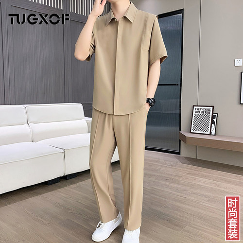 冰丝透气衬衫套装气质男士2026夏季轻熟风短袖长裤男装两件套潮流