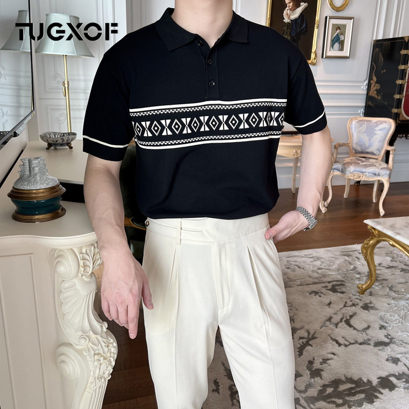 复古风条纹翻领POLO衫男百搭夏季新款短袖冰丝个性轻薄针织衫潮流